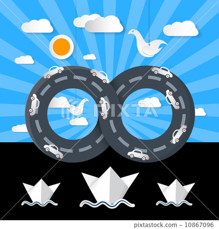 Paper Origami Infinity Road with Cars, Ocean, Boats and Clouds 10867096