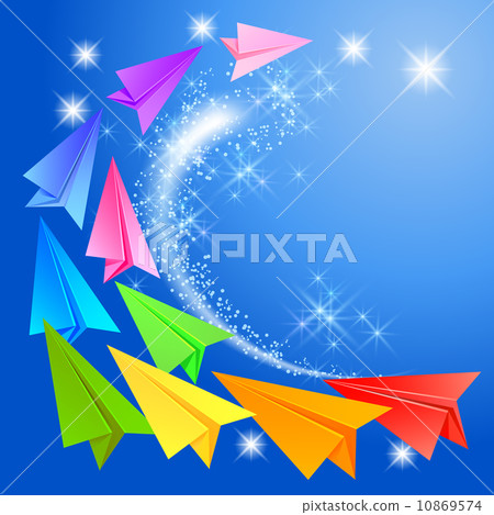 Colorful paper airplanes and glowing stars in the sky 10869574