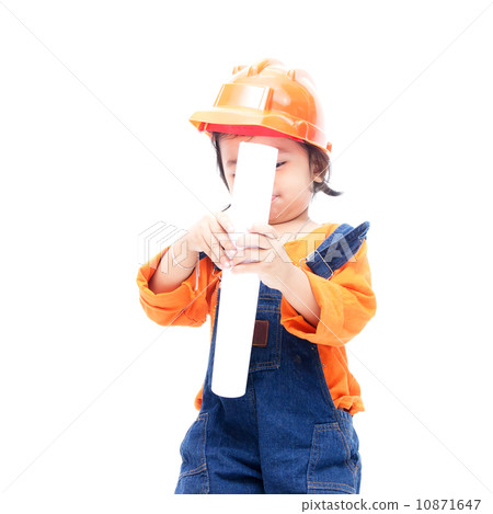 Engineer baby girl and paper in hand 10871647