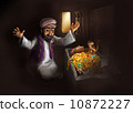 Arabic man in traditional clothing and monkey  discovering treasure- funny cartoon illustration 10872227
