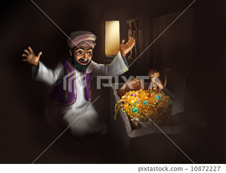 Arabic man in traditional clothing and monkey  discovering treasure- funny cartoon illustration 10872227