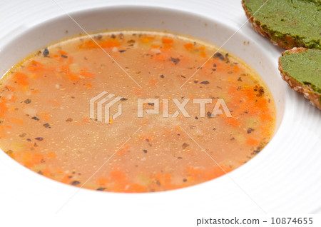 Italian minestrone soup with pesto crostini on side Italian minestrone soup with pesto crostini on side 10874655