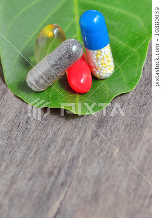 vitamins, tablets and pills on green leaf vitamins, tablets and pills on green leaf 10880039
