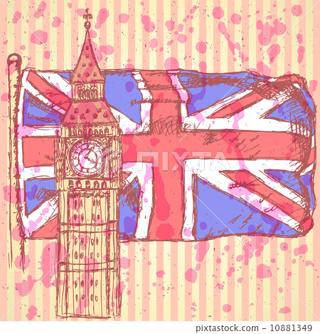 Sketch Big Ben on tile with UK flag, vector  background 10881349