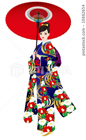 A woman with a umbrella and camellia kimono A woman with a umbrella and camellia kimono 10882654