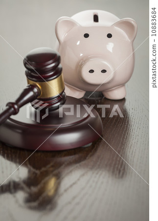 Gavel and Piggy Bank on Table 10883684