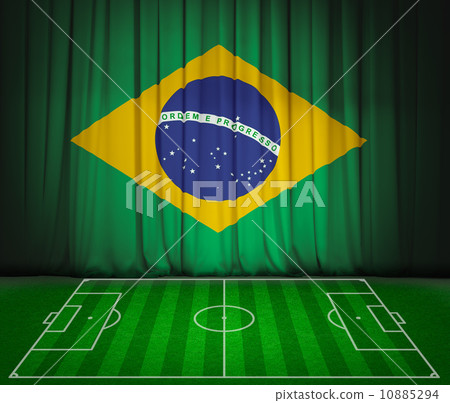 Soccer field with flag of Brazil on green curtain 10885294