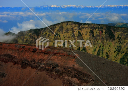 登山者從淺間山的山頂到Naka Kakeyama和北阿爾卑斯山的遠景 登山者從淺間山的山頂到Naka Kakeyama和北阿爾卑斯山的遠景 10890892