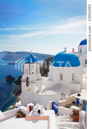 view of caldera with stairs and church, Santorini 10892865