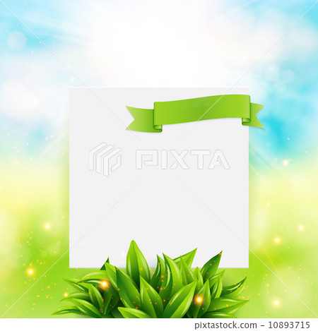 Paper note with ribbon and leaves on bright summer background. V Paper note with ribbon and leaves on bright summer background. V 10893715