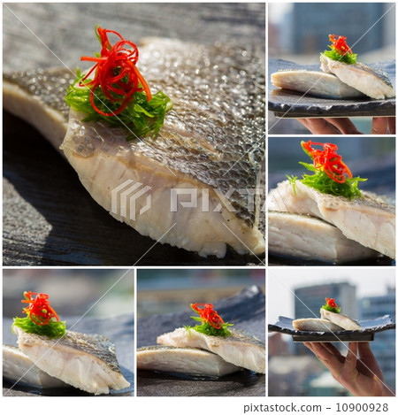 Fresh organic white tuna meat sliced at plate with salad. Collag Fresh organic white tuna meat sliced at plate with salad. Collag 10900928