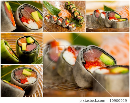 Collage close-up shot of traditional fresh japanese sushi rolls Collage close-up shot of traditional fresh japanese sushi rolls 10900929