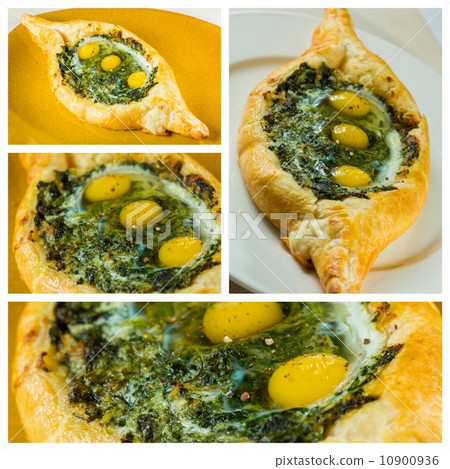close up adjarian khachapuri at restaurant. Collage 10900936