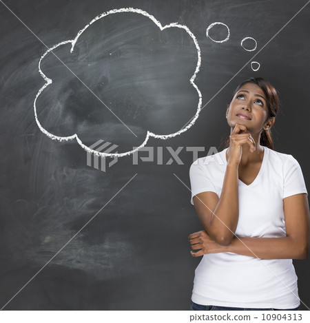 Indian woman under thought bubble drawn on chalkboard. 10904313