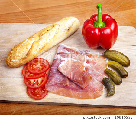 Vegetables with ham and French bread. Vegetables with ham and French bread. 10910553