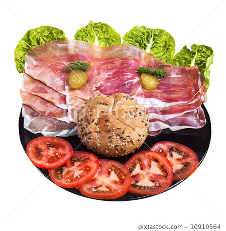 Happy face made of vegetables, ham, and breadroll on wooden boa Happy face made of vegetables, ham, and breadroll on wooden boa 10910564