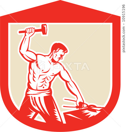Blacksmith Striking Sledgehammer Anvil Shield Retro 10915196
