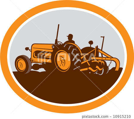 Vintage Farm Tractor Farmer Plowing Oval Retro - Stock Illustration ...