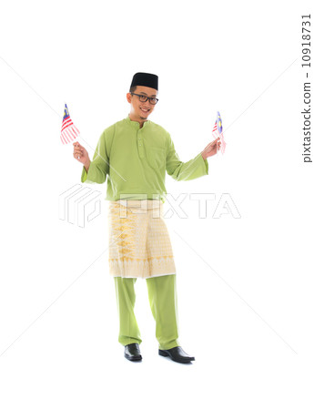 cheerful malay male with malaysian flag full body isolated on wh 10918731