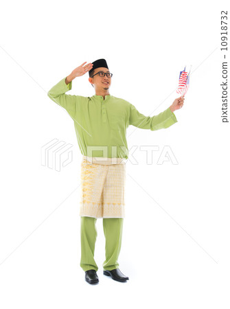 cheerful malay male with malaysian flag full body isolated on wh 10918732