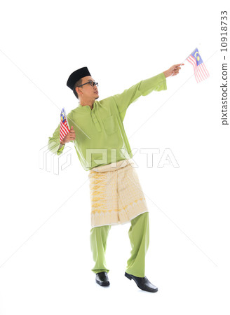 cheerful malay male with malaysian flag full body isolated on wh 10918733