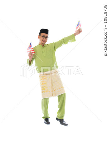 cheerful malay male with malaysian flag full body isolated on wh 10918738