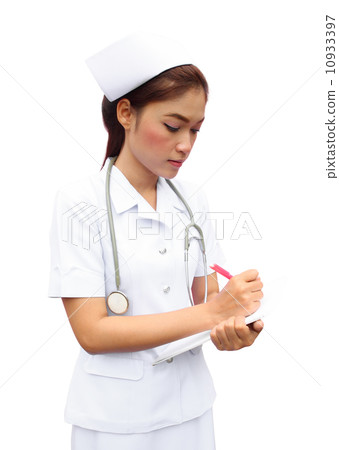 Asian female nurse writing medical report 10933397