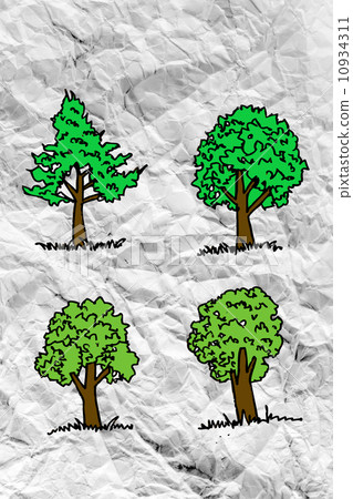Set of trees with leaves on crumpled paper Set of trees with leaves on crumpled paper 10934311