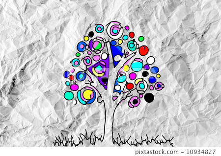 Set of trees with leaves on crumpled paper 10934827