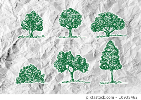 Set of trees with leaves on crumpled paper 10935462
