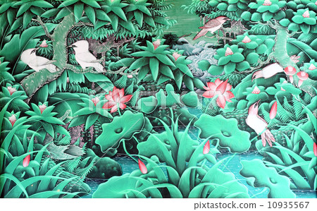 Closeup of tapestry fabric pattern with classical image of the c 10935567