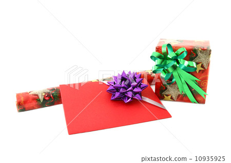 Gift box and roll paper with gift card on white background 10935925