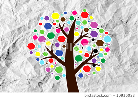 Set of trees with leaves on crumpled paper 10936058