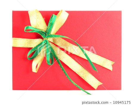 red gift card with green and yellow bow on white background 10945175