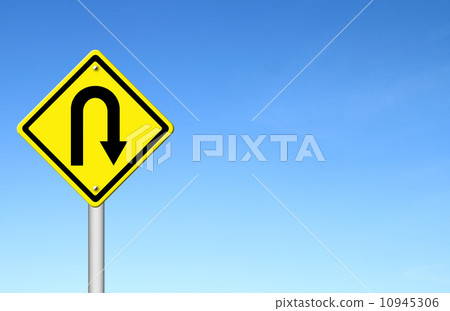 Yellow warning sign u-turn roadsign with blue sky background 10945306