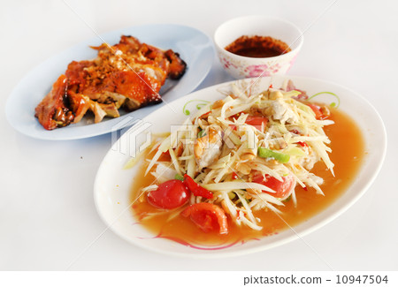 spicy papaya salad and roasting chicken 10947504