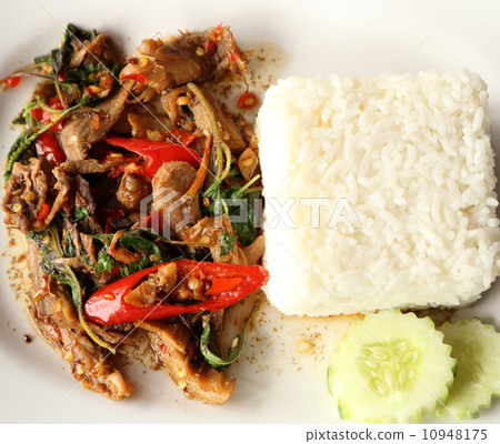 A fresh dish of Thai style food, Fried pork with sweet basi 10948175
