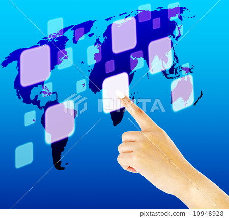 Finger pushing button on a touch screen interface with world map 10948928