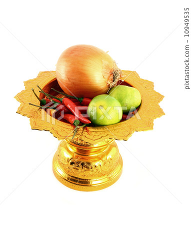 vegetables mix with golden tray on white background vegetables mix with golden tray on white background 10949535