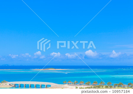 Okinawa's sandy beach with a bridge 10957184