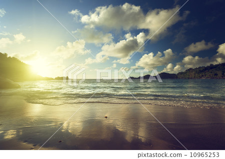 sunset on the tropical beach, Mahe island, Seychelles 10965253