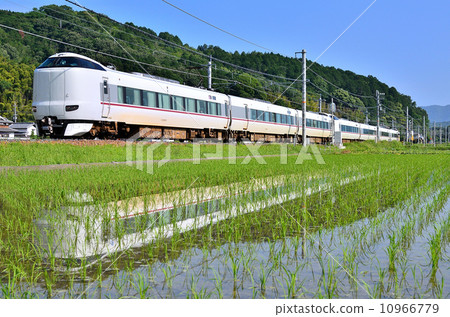 Railway train San-in main line Kyoto mouth 287 series Chiyogawa ~ Yagi early summer watercolor blue rice paddy rice field Limited express JR West Japan Sagano line Kinosakadashida Maizuru Railway train San-in main line Kyoto mouth 287 series Chiyogawa ~ Yagi early summer watercolor blue rice paddy rice field Limited express JR West Japan Sagano line Kinosakadashida Maizuru 10966779