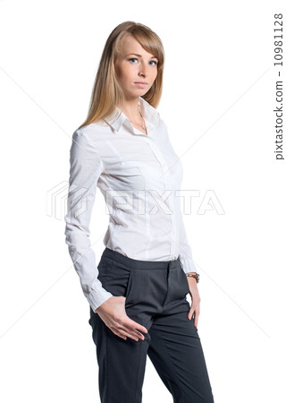 Portrait of young business woman white shirt black trousers pants  isolated 10981128