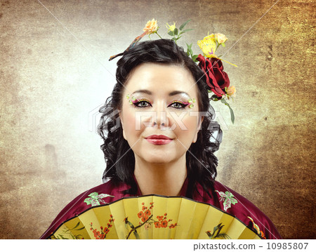 Face portrait of a stylized kimono woman with fan Face portrait of a stylized kimono woman with fan 10985807