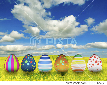 many color easter eggs over blue sky background 10986577