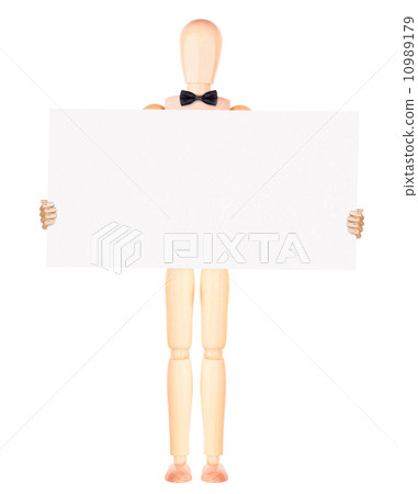 wooden Dummy businessman with empty banner 10989179