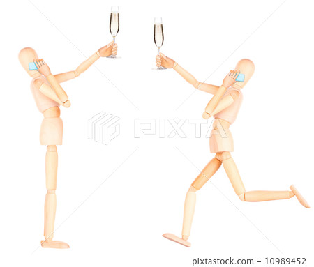 wooden Dummy with champagne and mobile phone wooden Dummy with champagne and mobile phone 10989452
