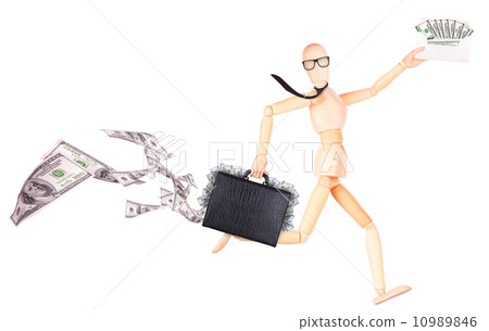 wooden Dummy with envelope full of money 10989846