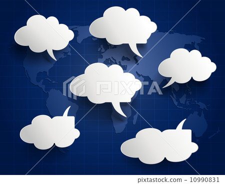 Speech Bubbles on blue Map world background.Vector file. 10990831