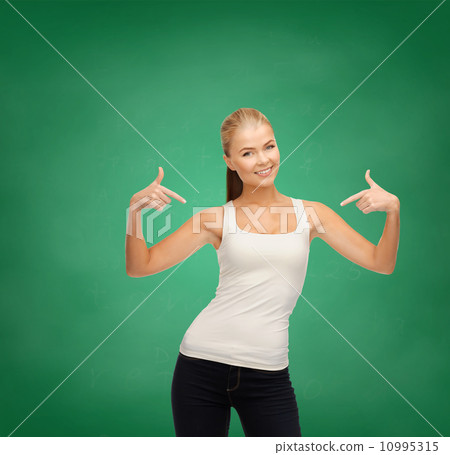 woman in blank white t-shirt pointing at herself 10995315